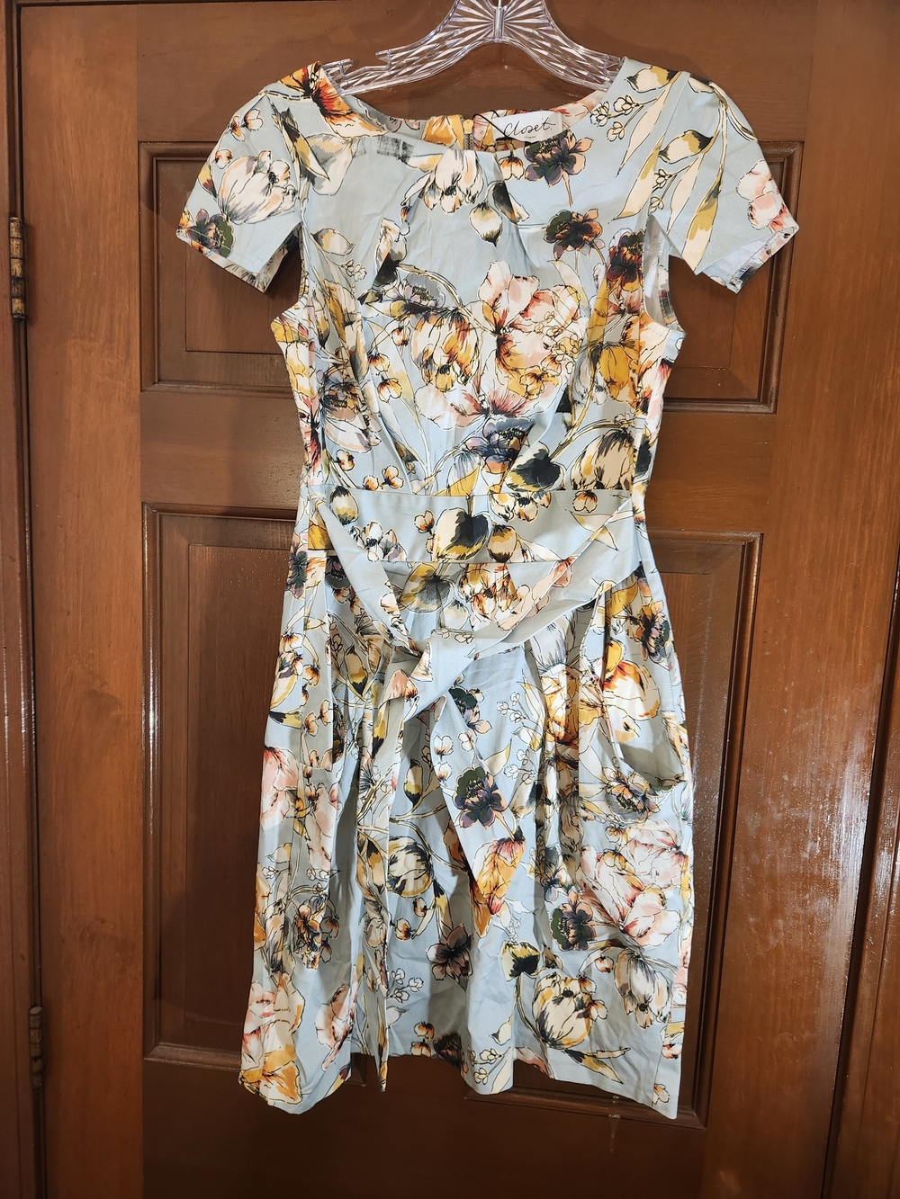 Closet London Blue Floral Fit & Flare Tie Waist Dress Size 6 - Picture 4 of 6